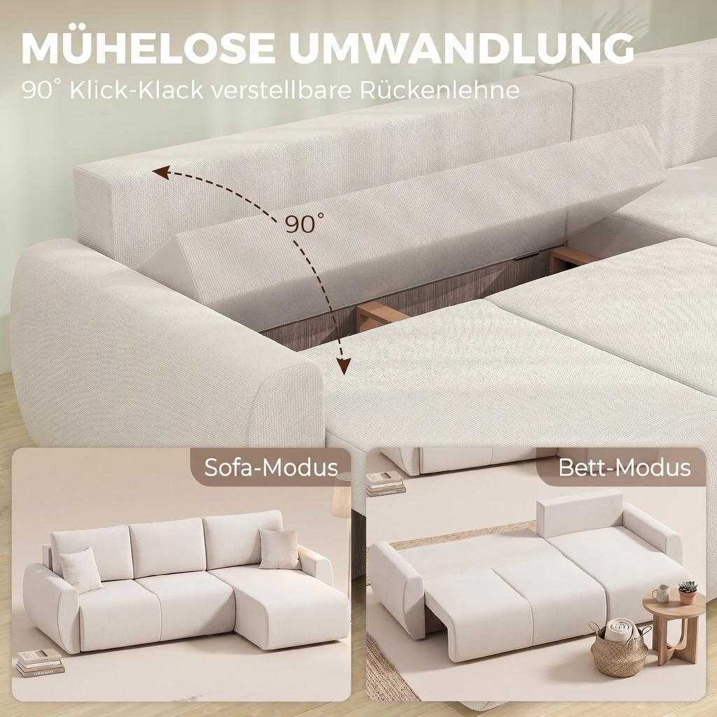 Sleeper Sofa with Reversible Chaise Longue, L-Shaped 3-Seater Sofa with Velour Cover, Cream White