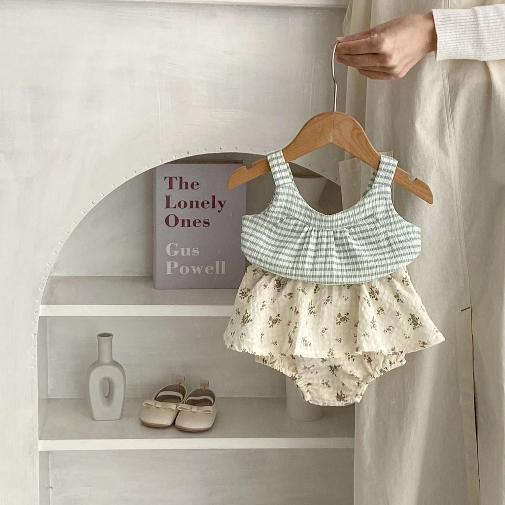 New 2024 Summer Baby Girl Cute Fresh Checkered Tank Top And Floral Skirt Shorts Set