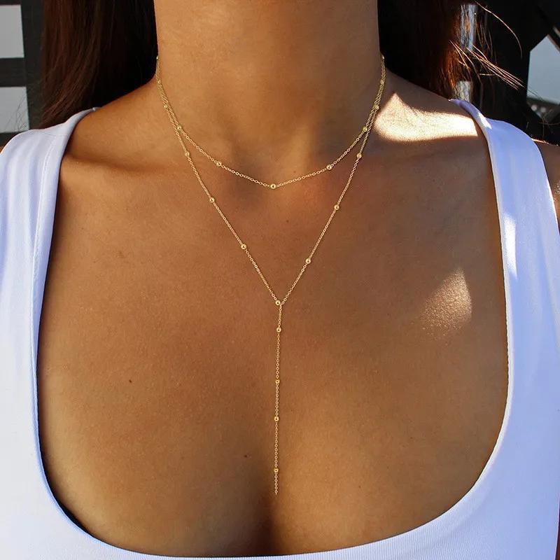 Gold Plated Lariat Necklace for Women Double Laryer Long Chain Drop Pendant Choker Necklaces Fashion Gifts