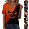 Women Casual V Neck Short Sleeve Button Front T Shirt Halloween Pumpkin Bat Print Split Design Top