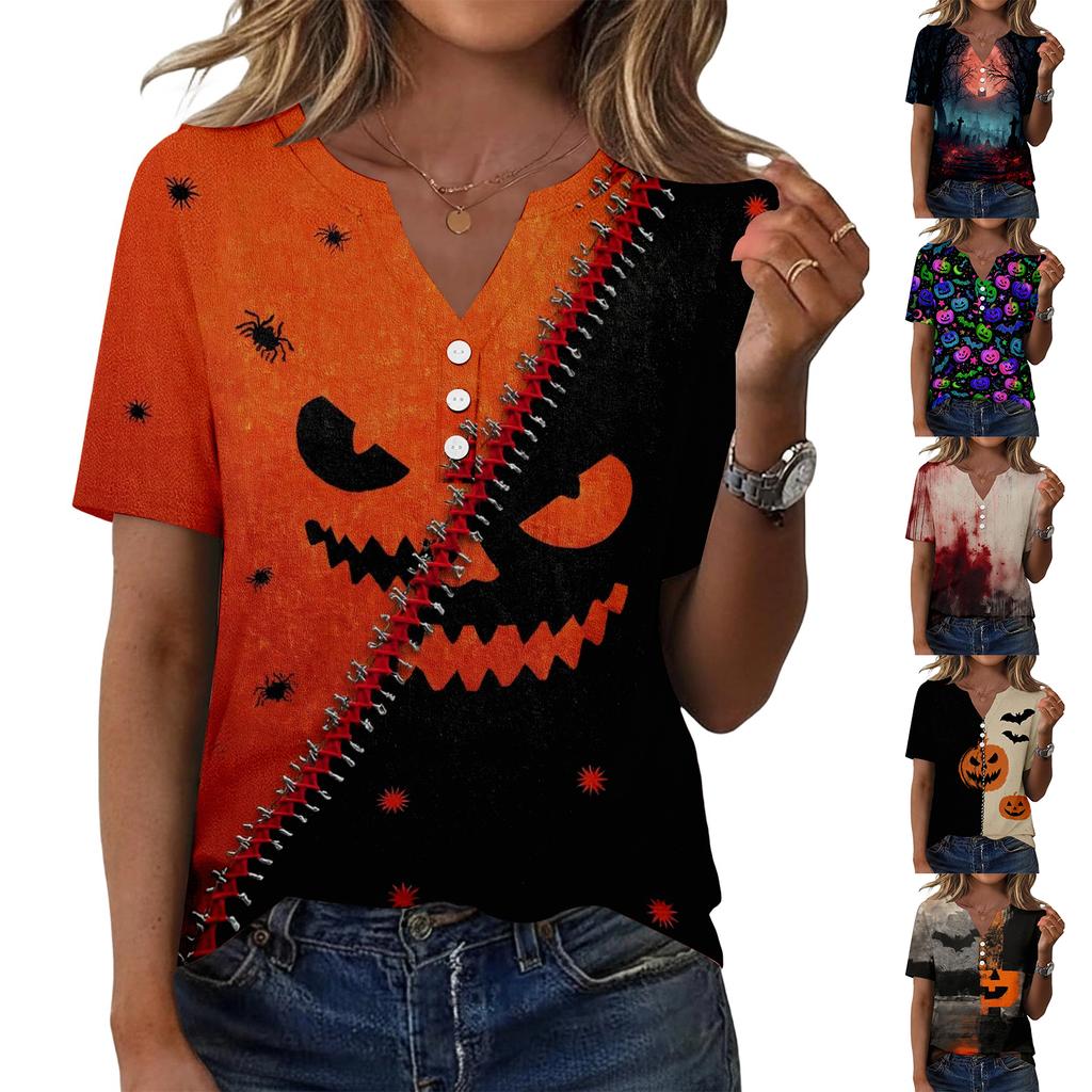 Women Casual V Neck Short Sleeve Button Front T Shirt Halloween Pumpkin Bat Print Split Design Top