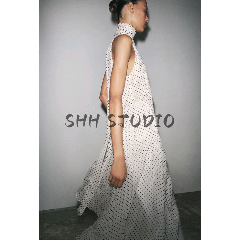 Spring and Summer New Women Clothes Bowknot Decoration Asymmetric Hem Polka Dot Hanging Collar Dress 5289042