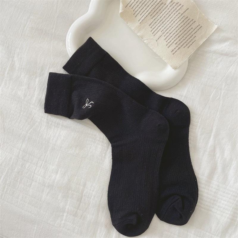 

Spring and Summer Thin Socks, Women s Mid-calf Socks, Ballet-style Embroidered Bow, Spring Card Pure Cotton Socks, Pile Socks 1 pair чорний