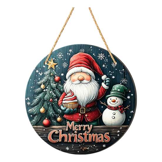 Winter Santa Wall Art Christmas Wooden Round Hanging Sign, Claus Highland Cow Theme Holiday Party Accents Door Decor, Farmhouse Welcome Ornament