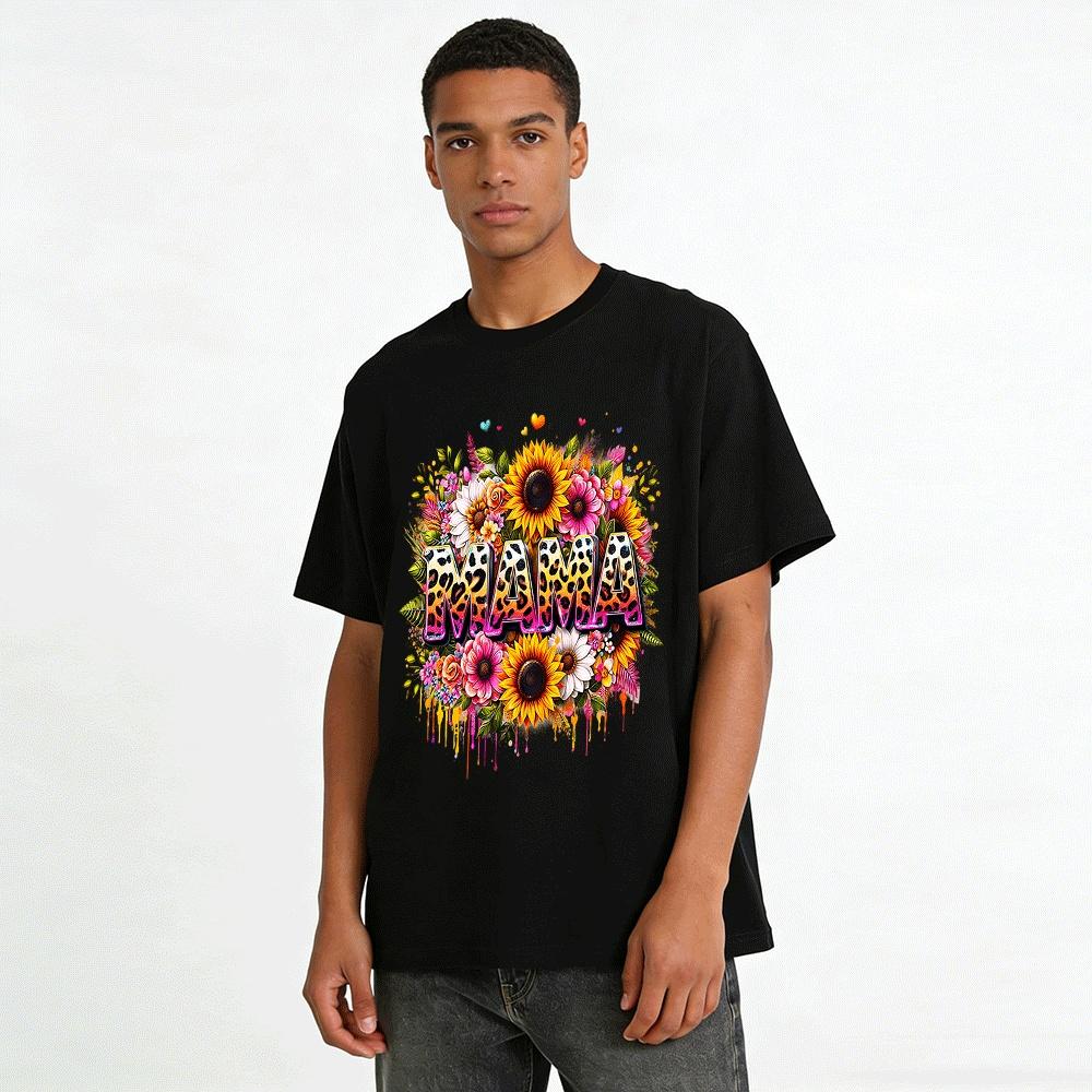 Tropical Floral Leopard Print MAMA Graphic Casual Tee Pure Cotton T-shirt