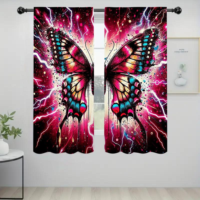 2PC Butterfly Curtain Set, Vivid Color Wings with  Effect On Dark Background, Mystical Drapes for Living Room & Bedroom Decor