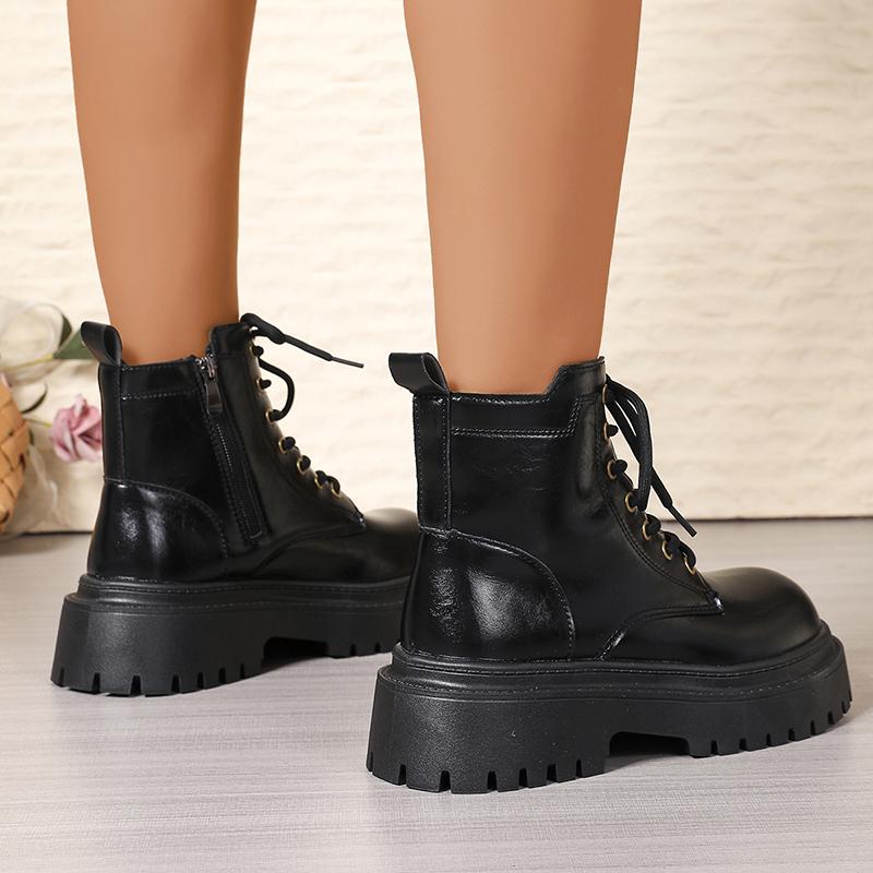 Fashion Women's Black Platform Combat Boots Fashion Lace Up Zipper Pu Leather Short Boots Woman Thick Sole Non Slip Autumn Winter Shoes