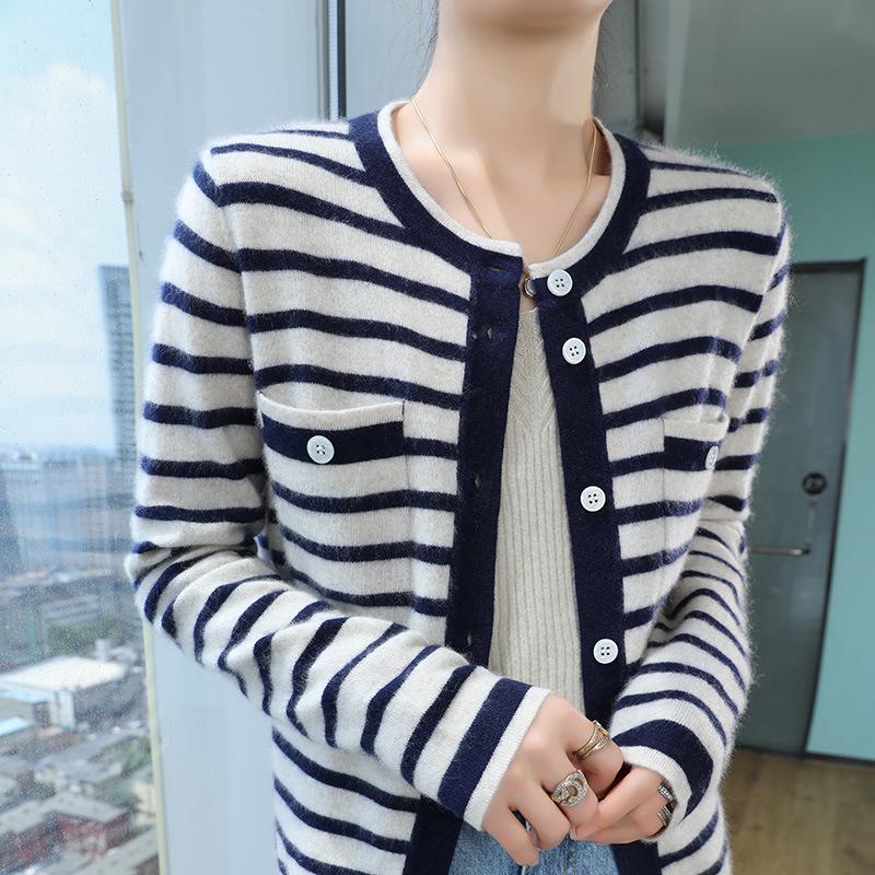 Women's Striped Cashmere Sweater Cardigan - Long Sleeve, Round Neck, Color Block, Fashionable and Age-Reducing for Winter.
