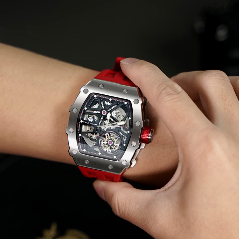 TSAR BOMBA Watch Business 50M Su Geçirmez İskelet Saat Şık Paslanmaz Çelik Tonneau Yüz Kol Saati Erkekler İçin Aydınlık Japon Hareketi Kırmızı Silikon