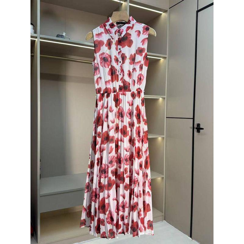 Women's Spring-Colored Chiffon with Painted Flowers Is Mostly Print Long Dress