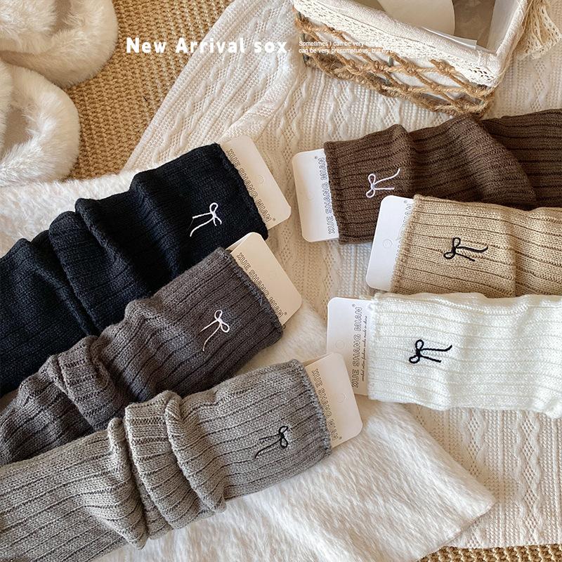 Girls Socks Spring And Autumn Embroidery Bow Calf Socks Solid Color Retro Knitted Wool Warm Pile