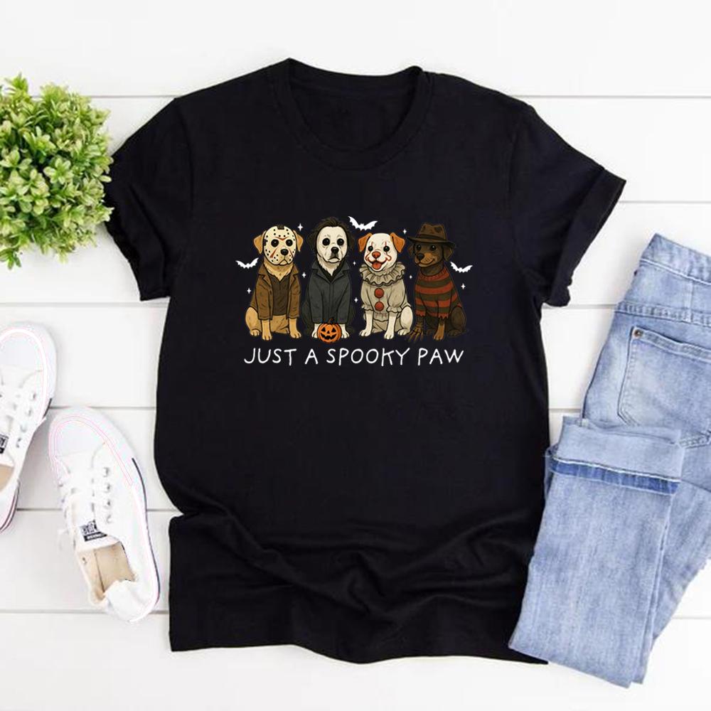 Just A Spooky Paw T-Shirt Halloween Dog T-shirts Halloween Characters Tee Funny Unisex Graphic T Shirts Spooky Season Shirt Top