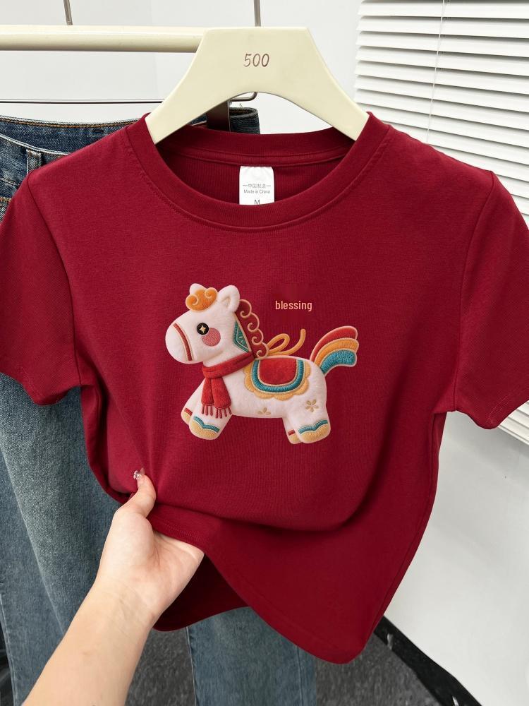 2026 Women's Plus Size T-shirt: Little Horse Print, Round Neck, Short Sleeve, Stylish, Tummy-Covering Design