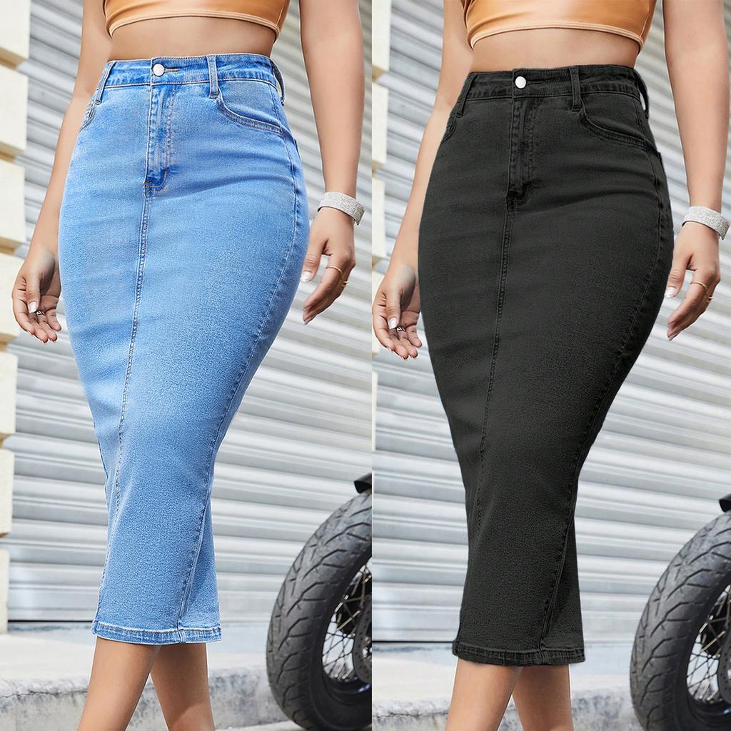 Women's High Waist Denim Hip Hugging Slim Fit Back Slit Skirt With Pockets