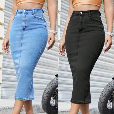 Saia Jeans Feminina de Cintura Alta, Justa ao Quadril, Ajuste Slim, com Fenda Atrás e Bolsos