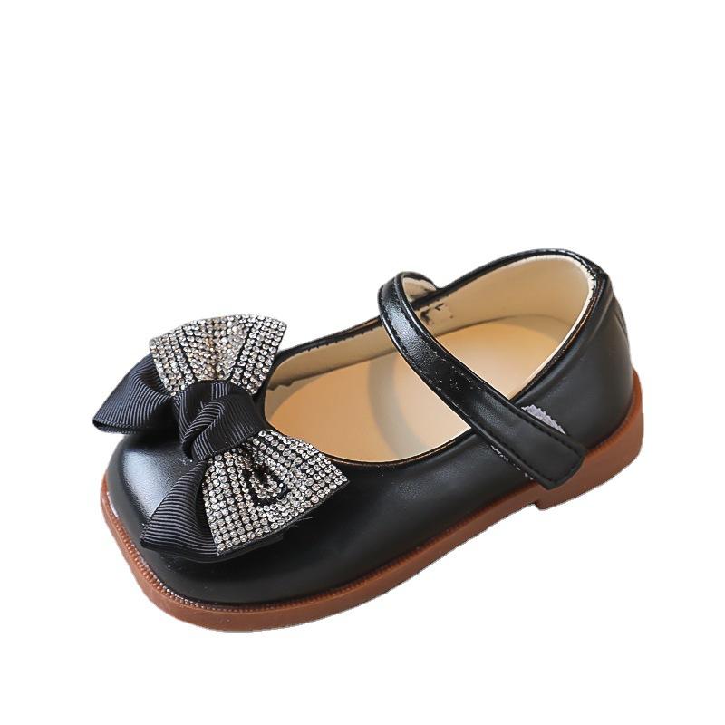 Spring girls' little leather shoes, princess shoes for baby girls, children's single shoes with bows and black rhinestones
