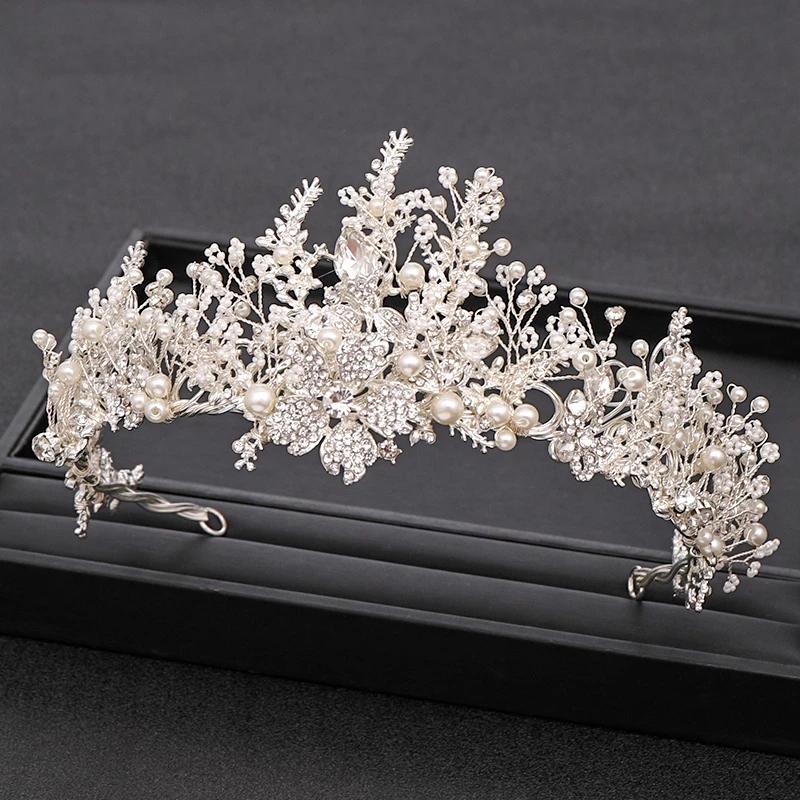 Trendy Handmade Wedding Crown Baroque Rhinestone Pearl Crystal Headband Wedding Hair Accessories Bridal Crown