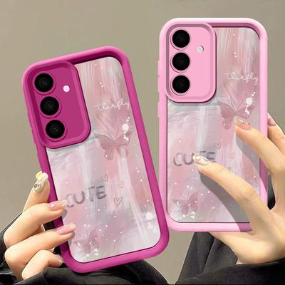 Capa de celular rosa borboleta à prova de choque de silicone TPU para Samsung S25 S24 FE S23 Ultra S22 Plus S21 S20 FE A54 A53 A52 A35 A34 A14 5G