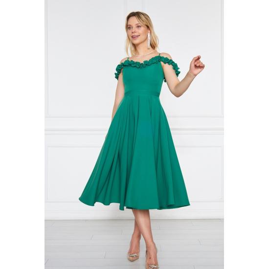 Women's Adjustable Strap Ruffle Detailed Collar Pleated Flared Midi Evening Dress