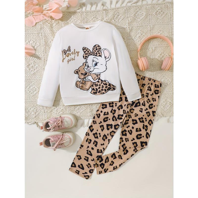 Girl's Autumn and Winter Cute Bunny Bear Printed Long Sleeved Shirt+leopard Print Pants Two-piece Set, a Gift for Children, Perfect for Outdoor