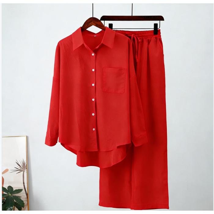 South East Asia Autumn and Winter Large Size Loose Elastic Wrinkle Long Sleeve Shirt Wide Leg Pants Fashion Casual Sports Suit