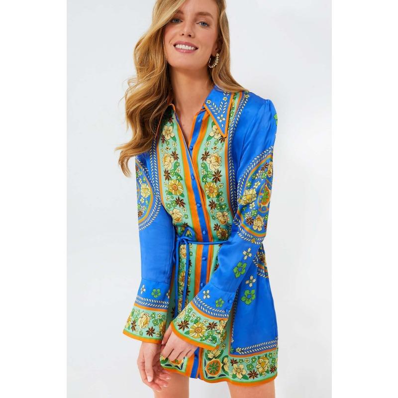 

Платье для женщин с длинными рукавами, лацканами, шнуровкой на талии и принтом для отдыха XL синий