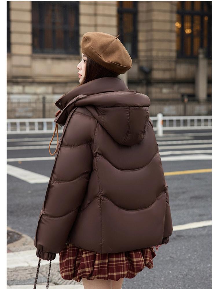 Women’s Short Color Contrast Hooded Windproof Thicken Warm Winter Jacket With Raglan Sleeves