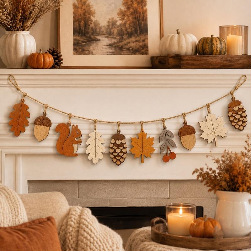 Thanksgiving Mantel Garlands with Wooden Autumn Pendants and Hanging Rope, Harvest Wall or Shelf Decors Banners for Indoor Seasonal Styling