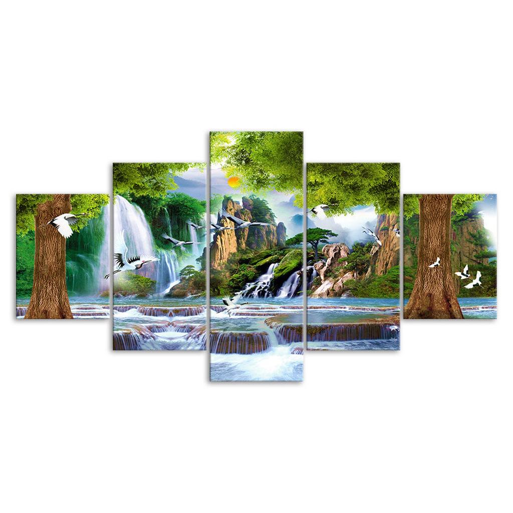 Fairy Forest Waterfall Painting Canvas 5 Piece Five Panel Wall Print Modern Art Poster Home Decor Gift For Him For Her