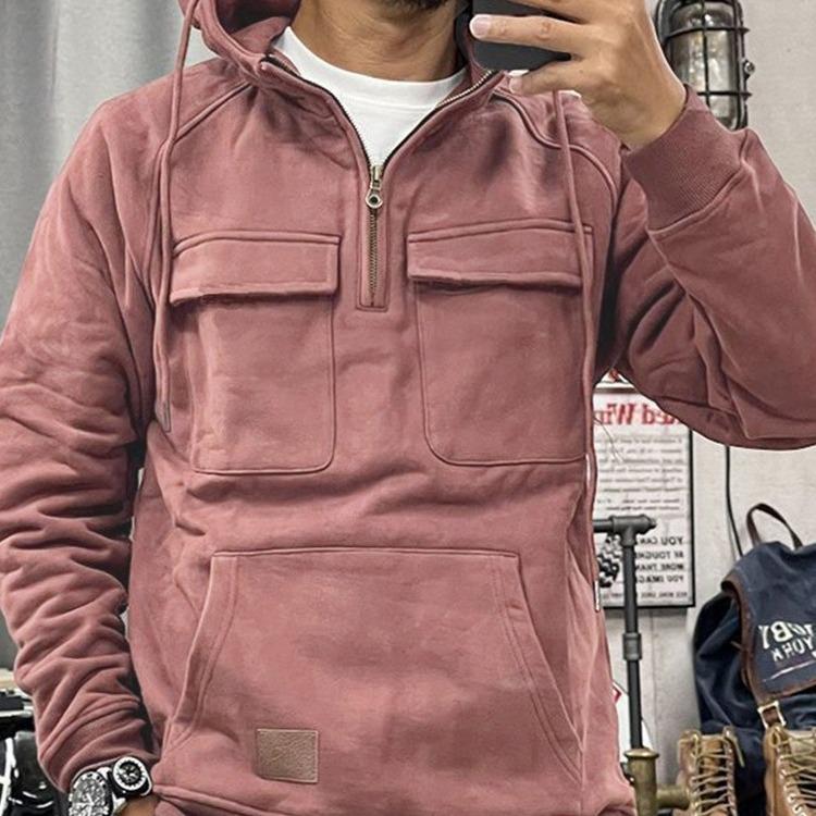 Men's Multi-Pocket Hooded Leather Patch Sweatshirt Jacket for Spring and Autumn - European & American Youth Style