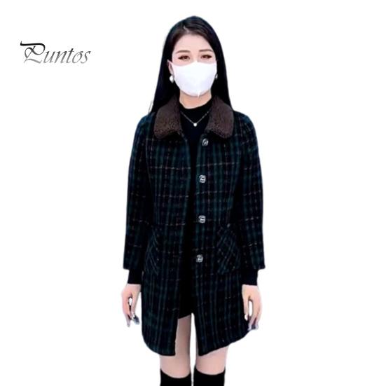 

Жіноче зимове пальто з бічними кишенями, відкладним коміром, однобортне пальто середньої довжини OL Куртка для поїздок і роботи, товстий верхній одяг у клітку XL зелений