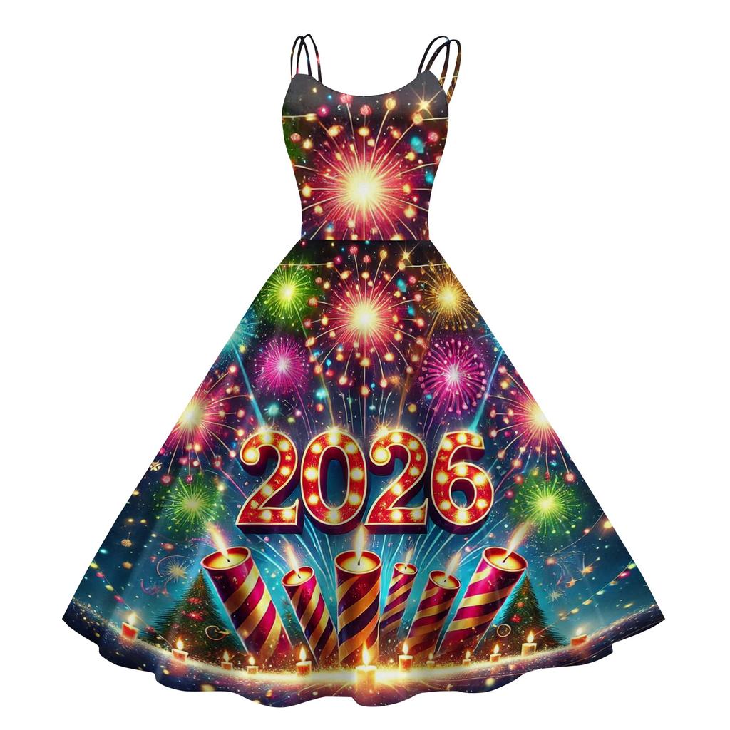 Women's New Year Printed Casual Fashion Round Neck Midi Dress