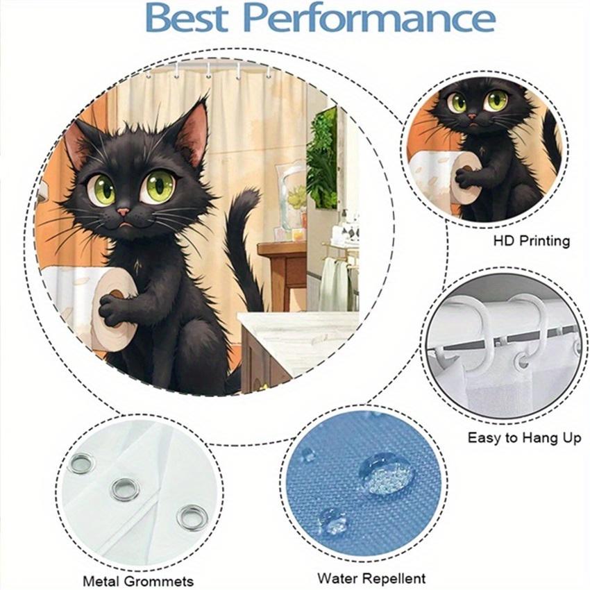 1pc Black Cat Toilet Paper Shower Curtain - Green Eyes, Slightly Annoyed, Earthy Tones, Polyester, 70.8x70.8", Humorous Design