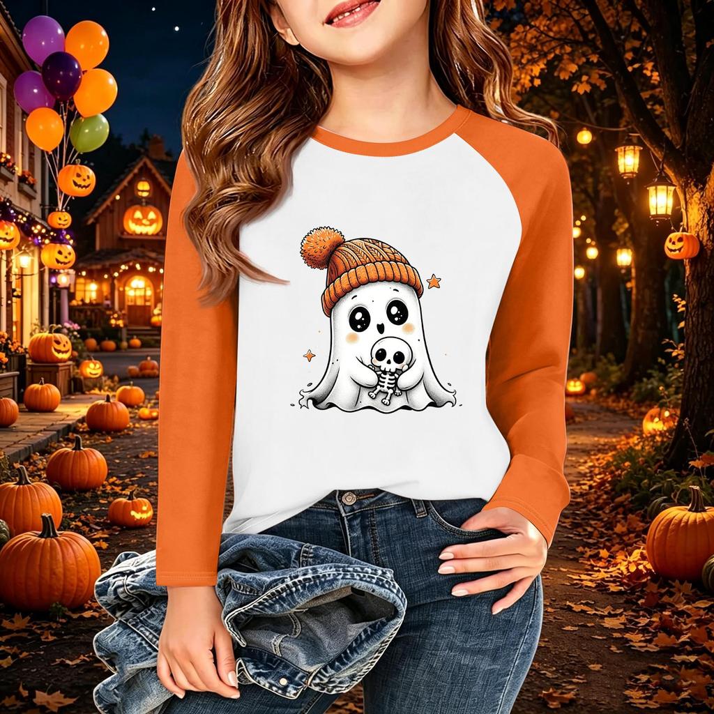 Kids Halloween Print Long Sleeve T-Shirt Casual Round Neck Top for Party and Daily Wear