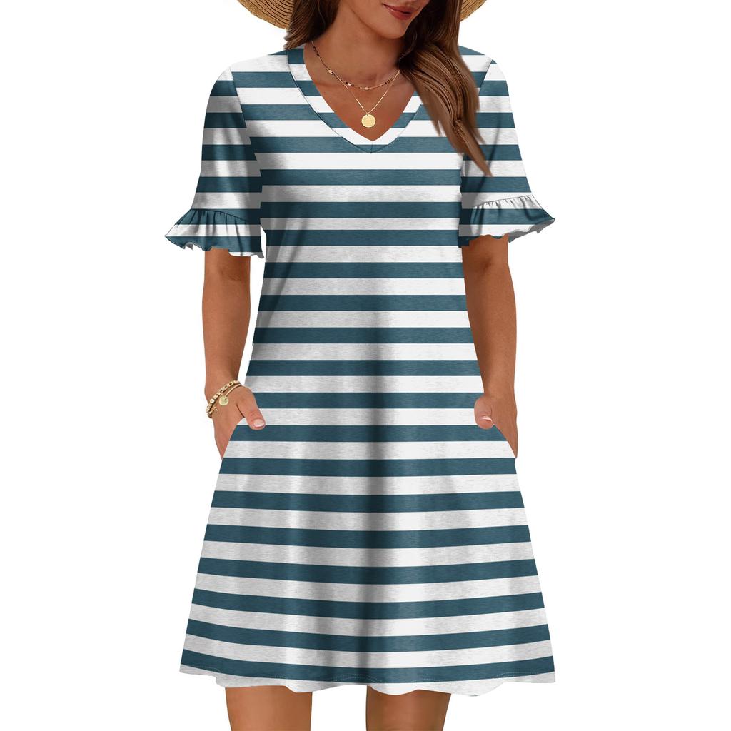 Damen A-Linie Sommerkleid Kurzarm V-Ausschnitt Bedrucktes Kleid Mit Taschen