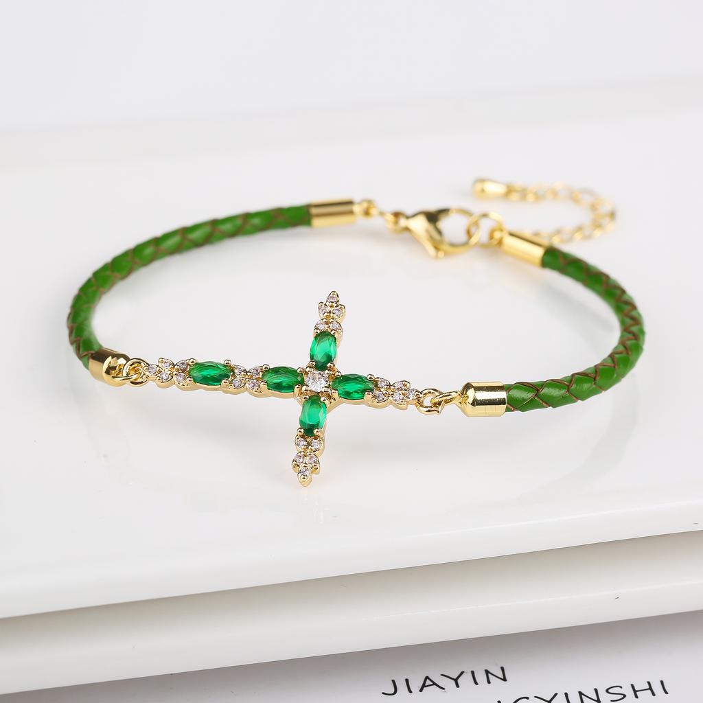 6 Color Classic Religious Crystal Zircon Cross Leather Braided Adjustable Bracelet Charms for Men Women Jewelry Gift Daily Wear