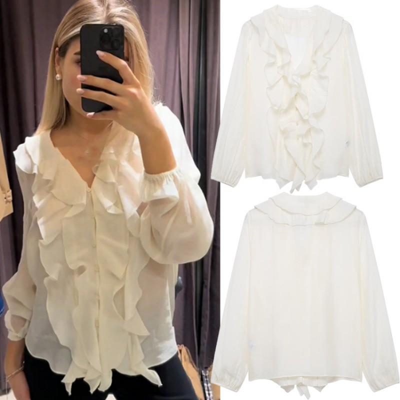 Womens Ruffled Layered Cardigan Shirt Loose Fit Casual Top Pure Color Long Sleeve