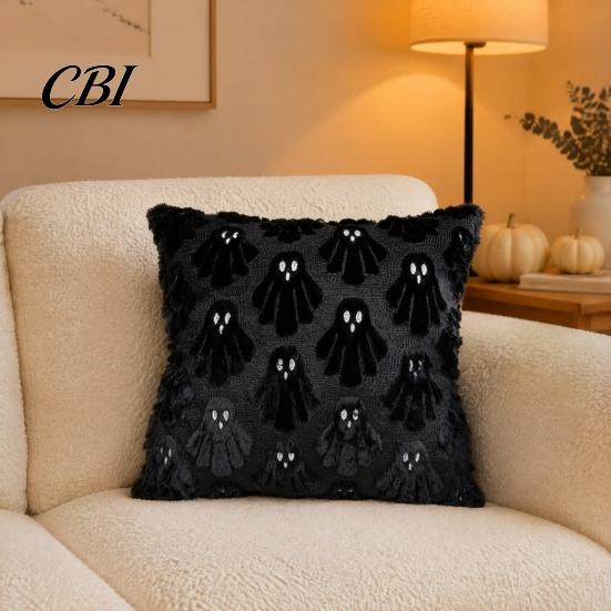Versatile Square Throw Pillow Covers Halloween Ghost Cushion Cover, Fuzzy 18x18 Inch Washable Plush Case for Sofa Couch Home Holiday Decor Removable