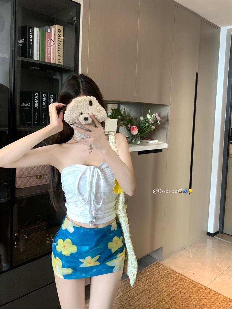 Women's Yellow Strappy Halter Tank Top and Bodycon Midi Skirt Set