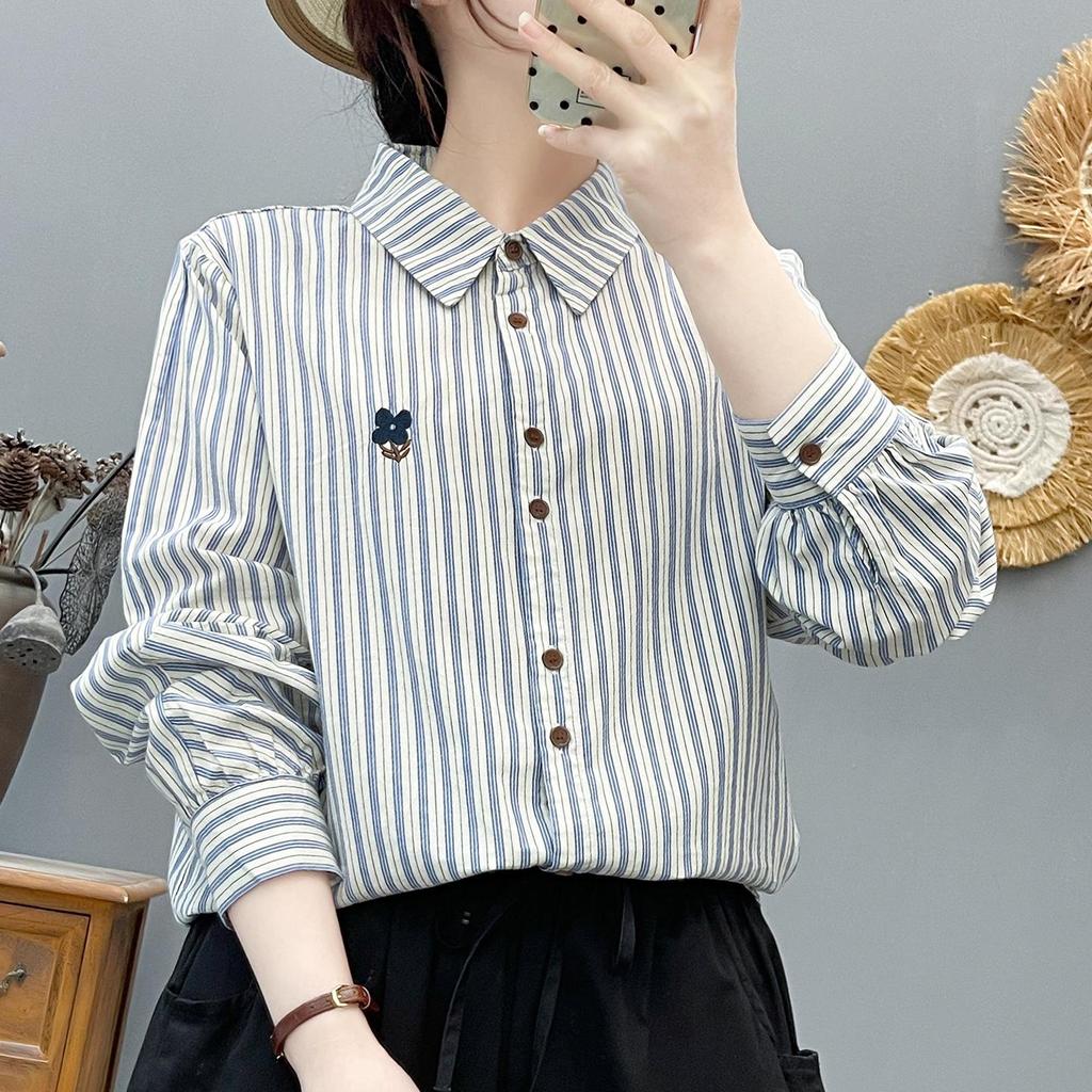 Women's Japanese Style Vertical Stripe Long Sleeve Shirt with Chic Floral Embroidery - High Quality Cotton Base Layer