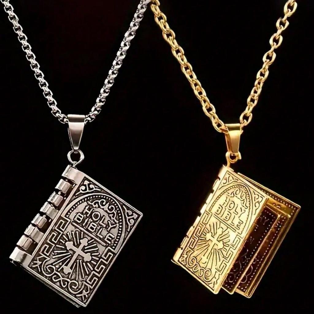 1 pieza Collar con Colgante de Diseño de Libro de la Biblia de Aleación Pulida de Moda para Hombres y Mujeres Collar de Biblia Vintage Giratorio Regalos para Amigo