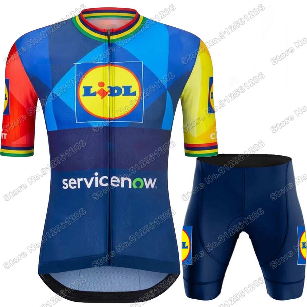 Tým Lidl Cyklistický dres Set Mistr světa Cyklistické oblečení Pánské Krátký rukáv Sestava Silniční kolo Dres Oblek Cyklistické kraťasy s laclem