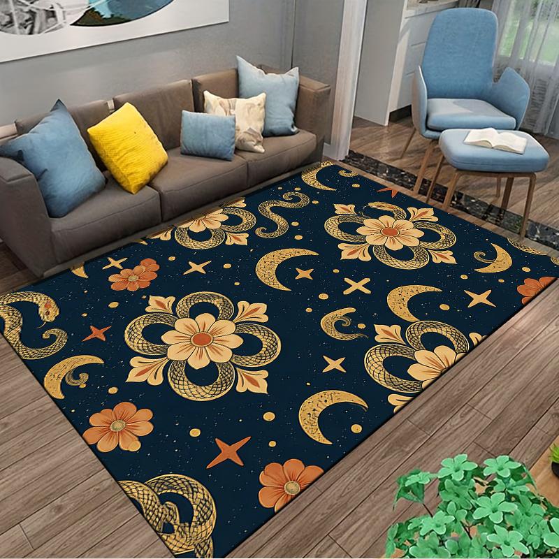 Snake and Moon Pattern Carpet with Floral Details, Dark Boho Style Suitable for Use As an Anti-slip for Living Room Bedroom Sofas
