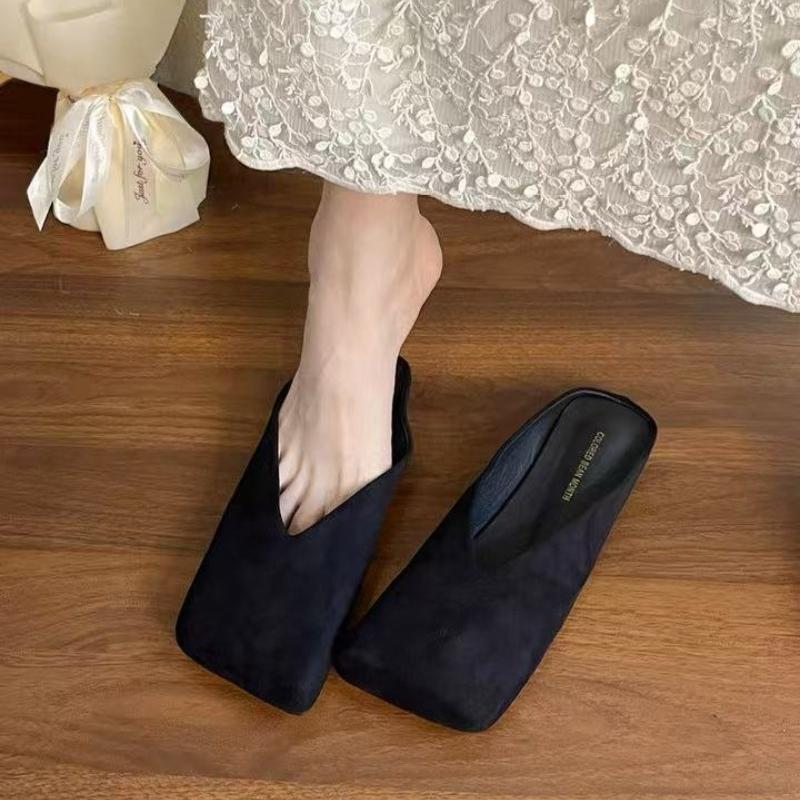 Baotou Half Slippers Women's 2025 Spring Autumn New Style Small Square Head Shallow Mouth Velvet Soft Bottom Fashion Flat Shoes