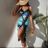 Women Beach Dress Versatile Spaghetti Strap Wrap Skirt Breathable Butterfly Wings Pattern Cover Up