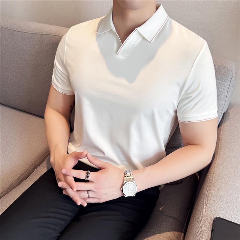 

Men Polo Shirt Short Sleeved Summer Ice Silk Light Thin Soft Solid Casual Elastic Slim Fit T-shirt Daily Wear Streetwear Top M белый
