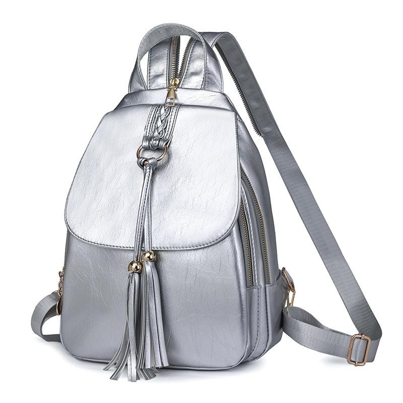 

Женский рюкзак большой вместимости из мягкой кожи с кисточками в стиле ретро для путешествий серебряный