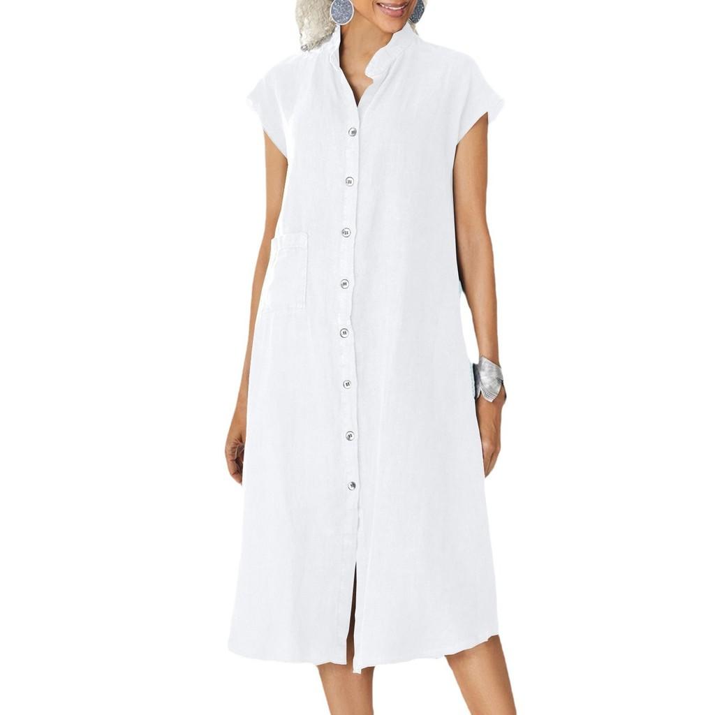Cotton Linen Long Dress With Pocket And Stand Collar For Casual Travel