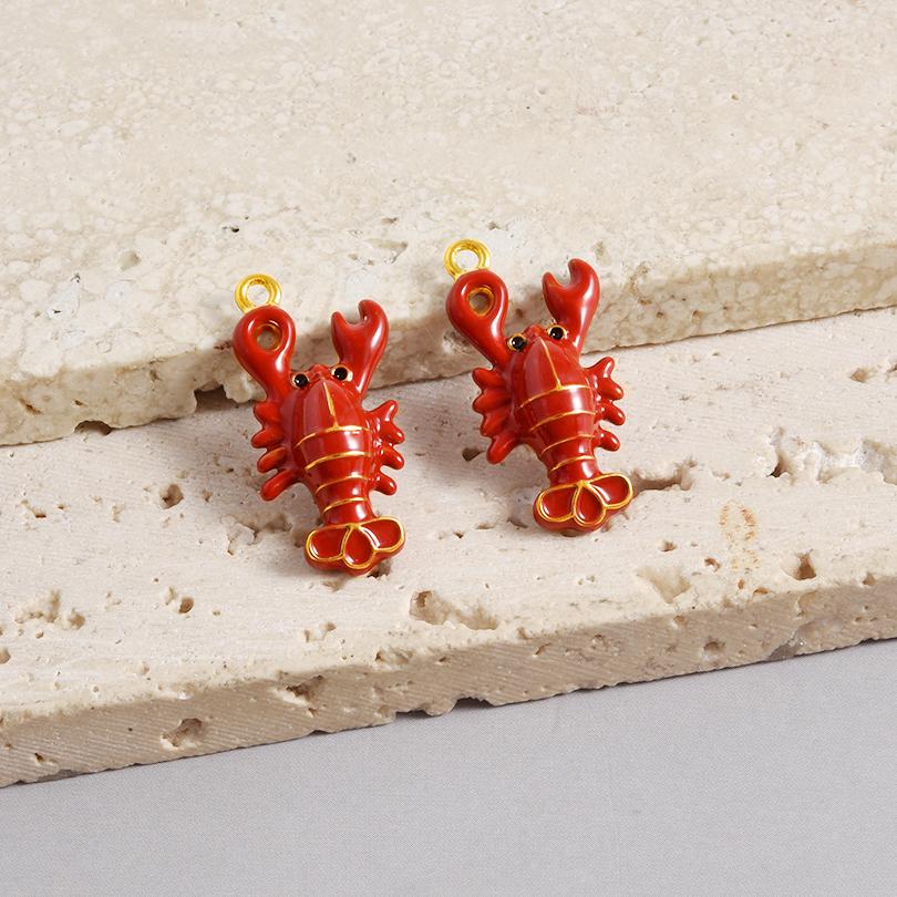2 Stück Roter Hummer Krebs Koralle Echtsilber Vergoldet Edelstahl Emaille Anhänger Für Schmuckherstellung Zubehör DIY Strand Halsketten Anhänger