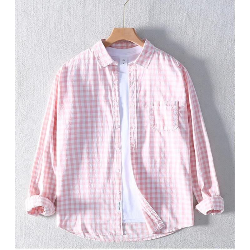 

Men 100% Pure Cotton Plaid Thin Shirt Long Sleeved Turn-down Collar High Quality Spring Summer Casual Loose Top 2026 4XL рожевий